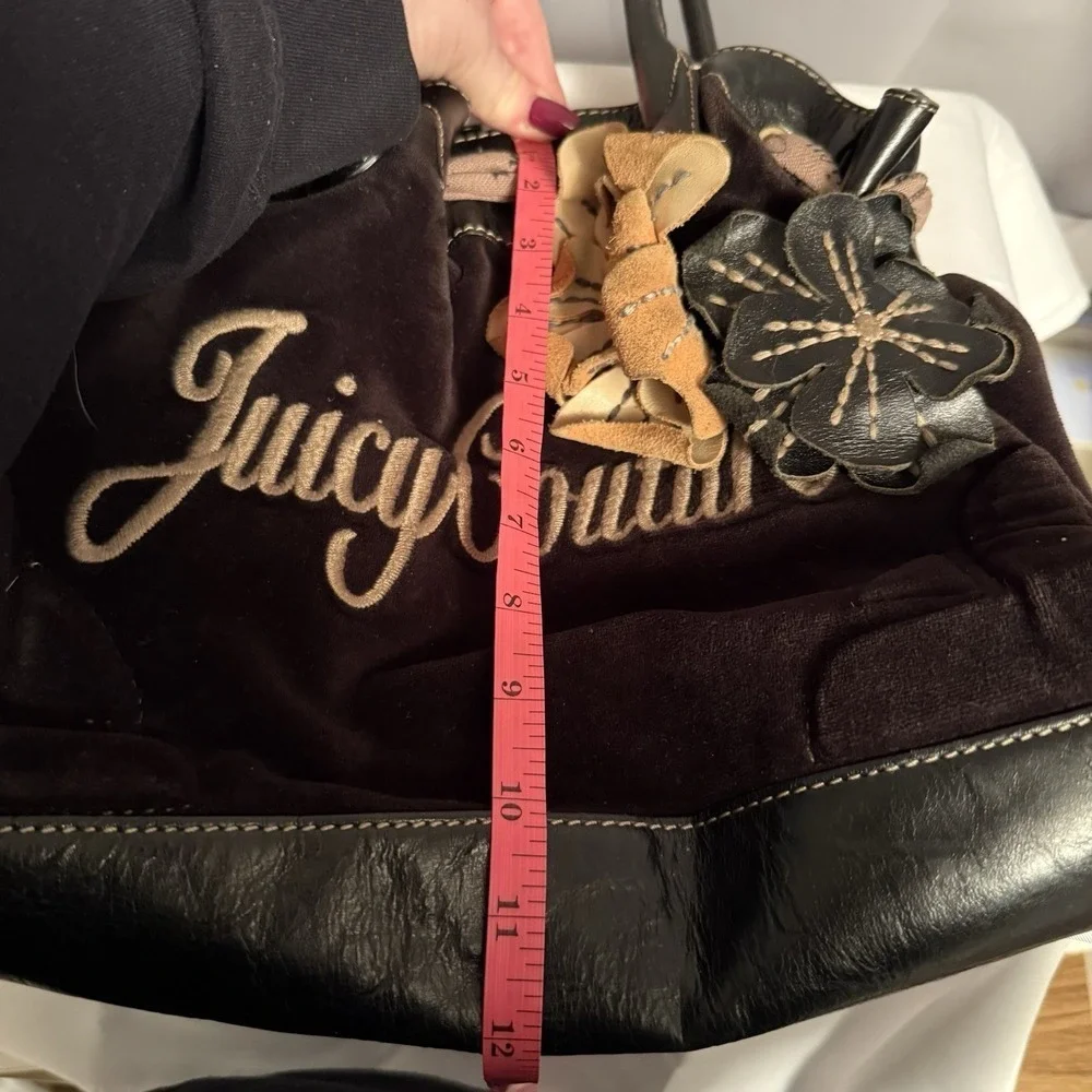 Vintage Juicy Couture Daydreamer Velour Brown Flower Appliqué Tote Bag Purse Bow